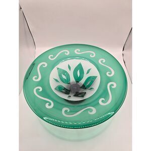 Vintage Green and White Etched Art Glass Bowl Signed